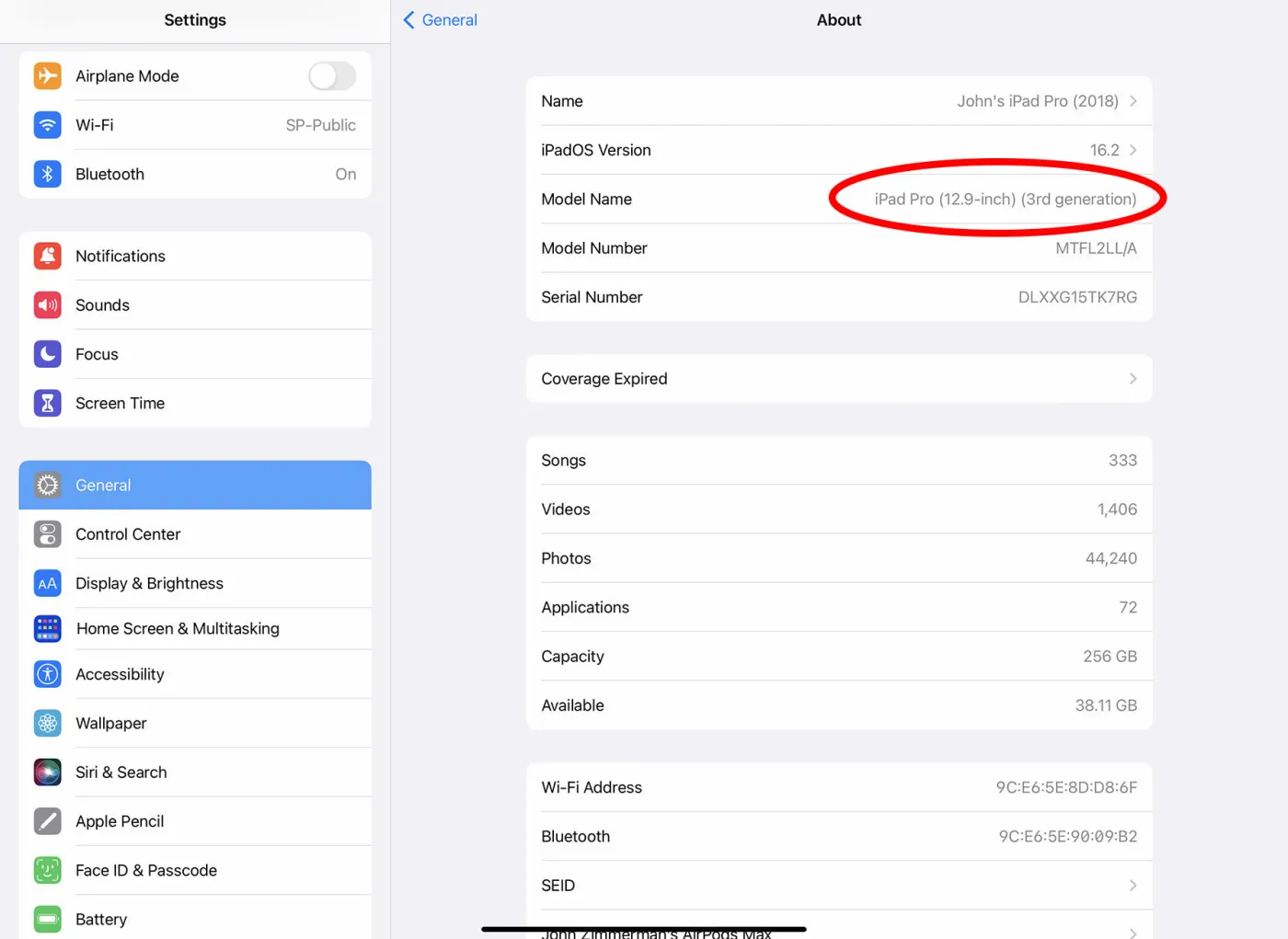iPad Settings screen showing the About page